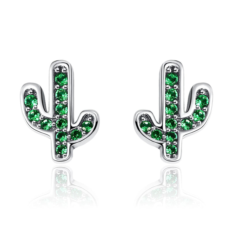 925 Sterling Silver Green Cactus Crystal Stud Earrings for Women