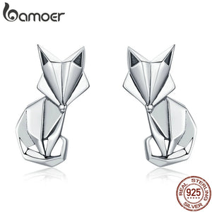 Sterling Silver Folding Fox Stud Earrings Women's Jewelry SCE526