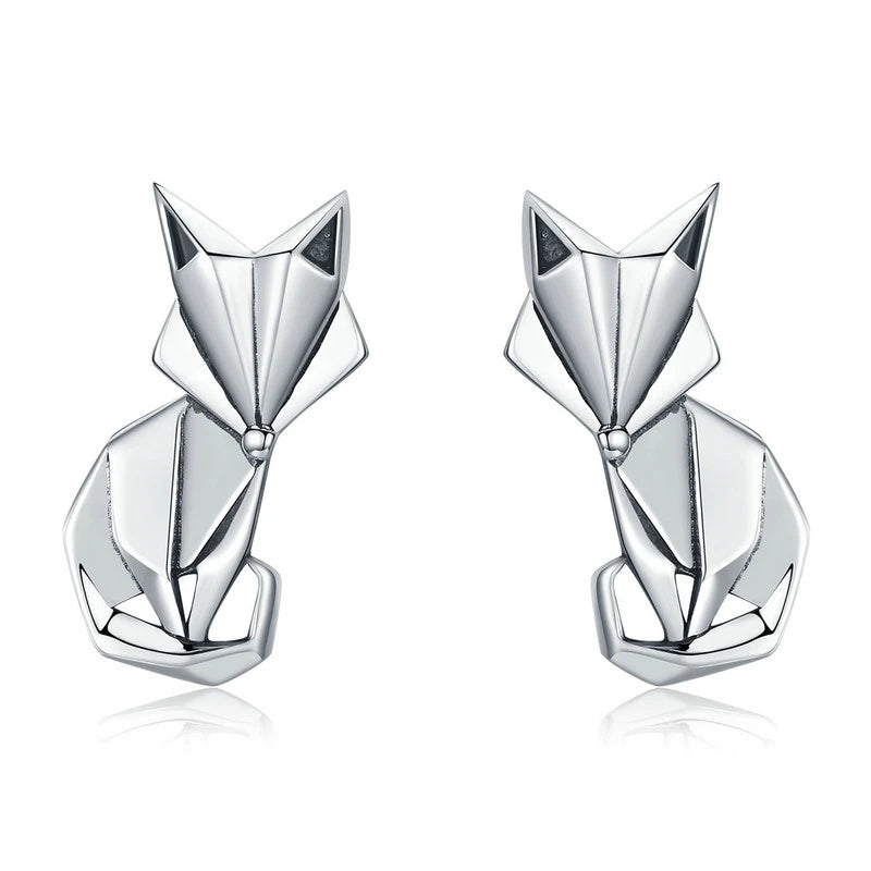 Sterling Silver Folding Fox Stud Earrings Women's Jewelry SCE526