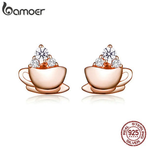 Sterling Silver 925 Rose Coffee & Sugar Cube Stud Earrings SCE592