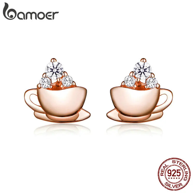Sterling Silver 925 Rose Coffee & Sugar Cube Stud Earrings SCE592