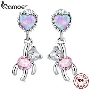 925 Silver Love Bear Earrings Pink Zircon Opal Heart Stone Jewelry