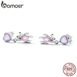 925 Silver Love Bear Earrings Pink Zircon Opal Heart Stone Jewelry