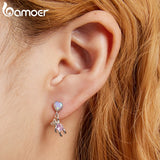 925 Silver Love Bear Earrings Pink Zircon Opal Heart Stone Jewelry