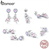 925 Silver Love Bear Earrings Pink Zircon Opal Heart Stone Jewelry