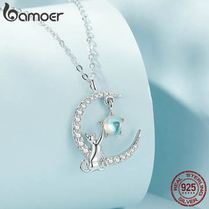 925 Silver Cat Moon Pendant Necklace Women Jewelry Gift
