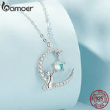 925 Silver Cat Moon Pendant Necklace Women Jewelry Gift