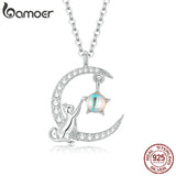 925 Silver Cat Moon Pendant Necklace Women Jewelry Gift