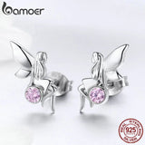 925 Silver Flower Fairy Pink CZ Stud Earrings Women Jewelry Gift SCE395