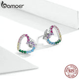 Pink Heart Stud Earrings 925 Silver Bling Zircon Stone Rainbow Amour Ear Studs