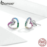 Pink Heart Stud Earrings 925 Silver Bling Zircon Stone Rainbow Amour Ear Studs