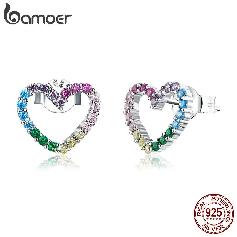Pink Heart Stud Earrings 925 Silver Bling Zircon Stone Rainbow Amour Ear Studs