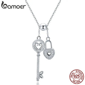 Romantic Sterling Silver Key of Heart Lock Chain Pendant Necklace SCN290