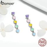 925 Silver Rainbow Heart Enamel Drop Earrings for Women Jewelry