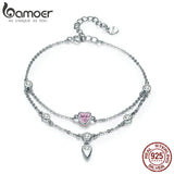 925 Sterling Silver Sweet Heart Pink CZ Double Layers Bracelets for Women