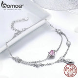 925 Sterling Silver Sweet Heart Pink CZ Double Layers Bracelets for Women