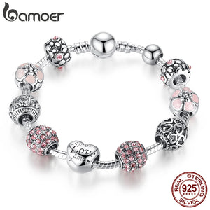 Silver Plated Charm Bracelet & Bangle with Love and Flower Beads