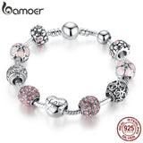 Silver Plated Charm Bracelet & Bangle with Love and Flower Beads