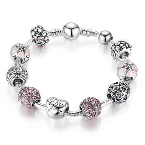 Silver Plated Charm Bracelet & Bangle with Love and Flower Beads