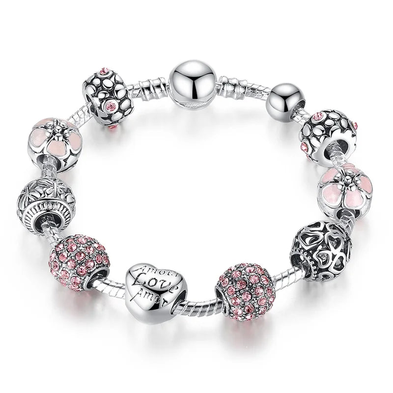Silver Plated Charm Bracelet & Bangle with Love and Flower Beads