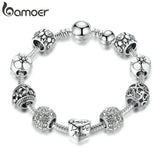 Silver Plated Charm Bracelet & Bangle with Love and Flower Beads