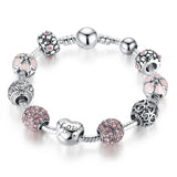 Silver Plated Charm Bracelet & Bangle with Love and Flower Beads