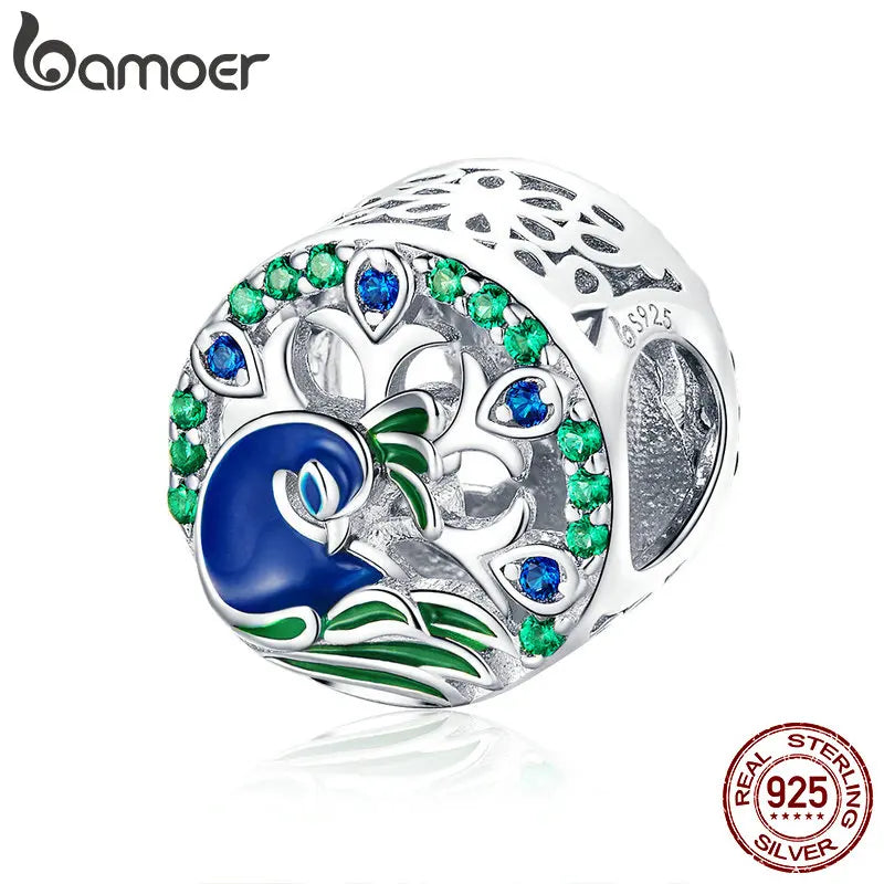925 Silver Peafowl CZ Beads for Charm Bracelets DIY Jewelry