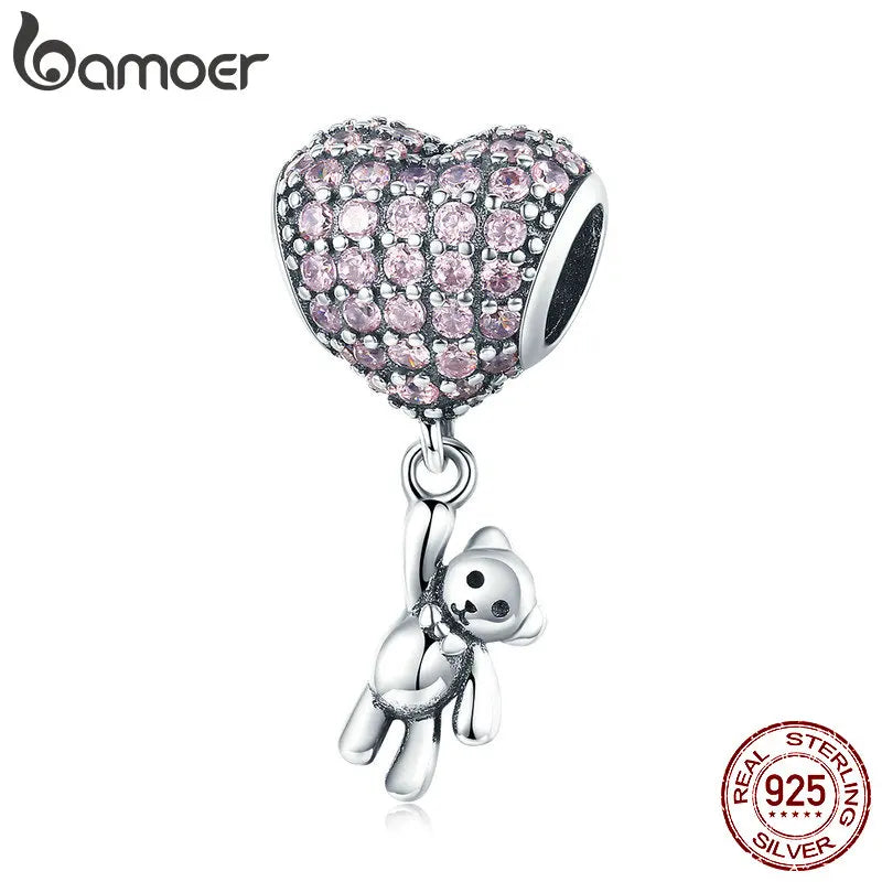 925 Silver Heart Bear Pink CZ Beads for Charm Bracelets