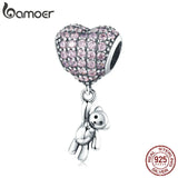 925 Silver Heart Bear Pink CZ Beads for Charm Bracelets