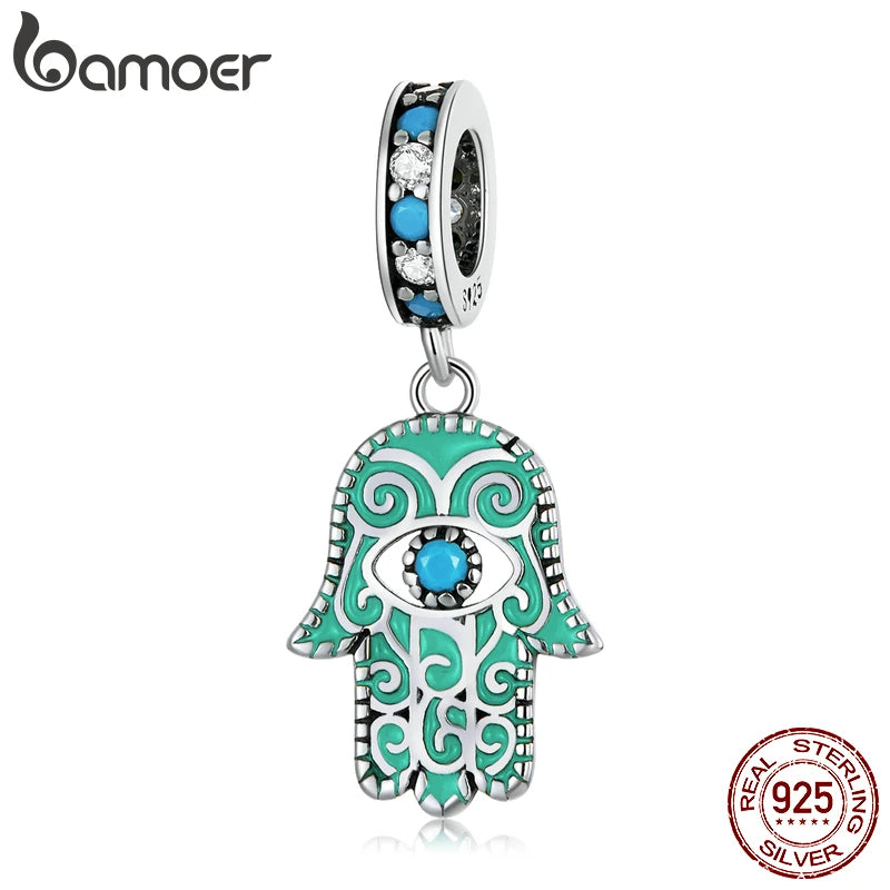 Hand of Fatima Pendant 925 Sterling Silver Turquoise Charms