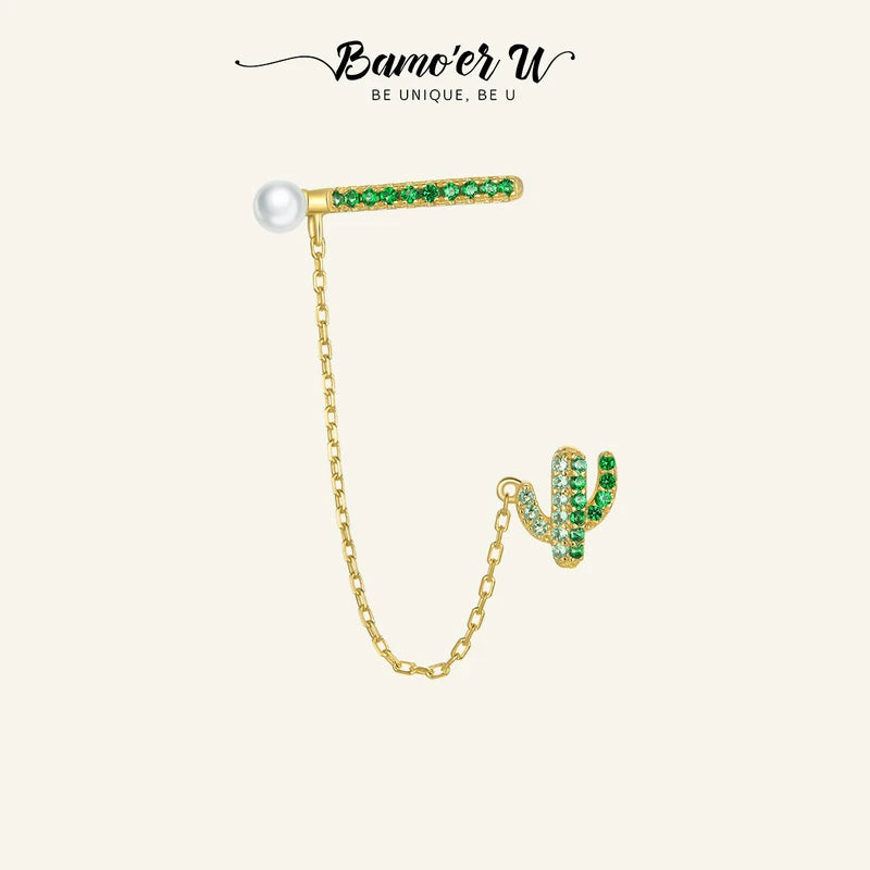 925 Silver Green Cactus Ear Clip CZ Ear Cuff Women Jewelry