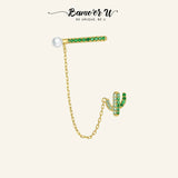925 Silver Green Cactus Ear Clip CZ Ear Cuff Women Jewelry