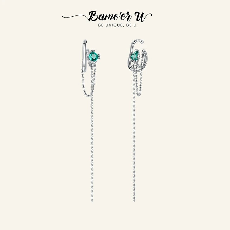 925 Silver Green Zircon Tassel Ear Clip for Women