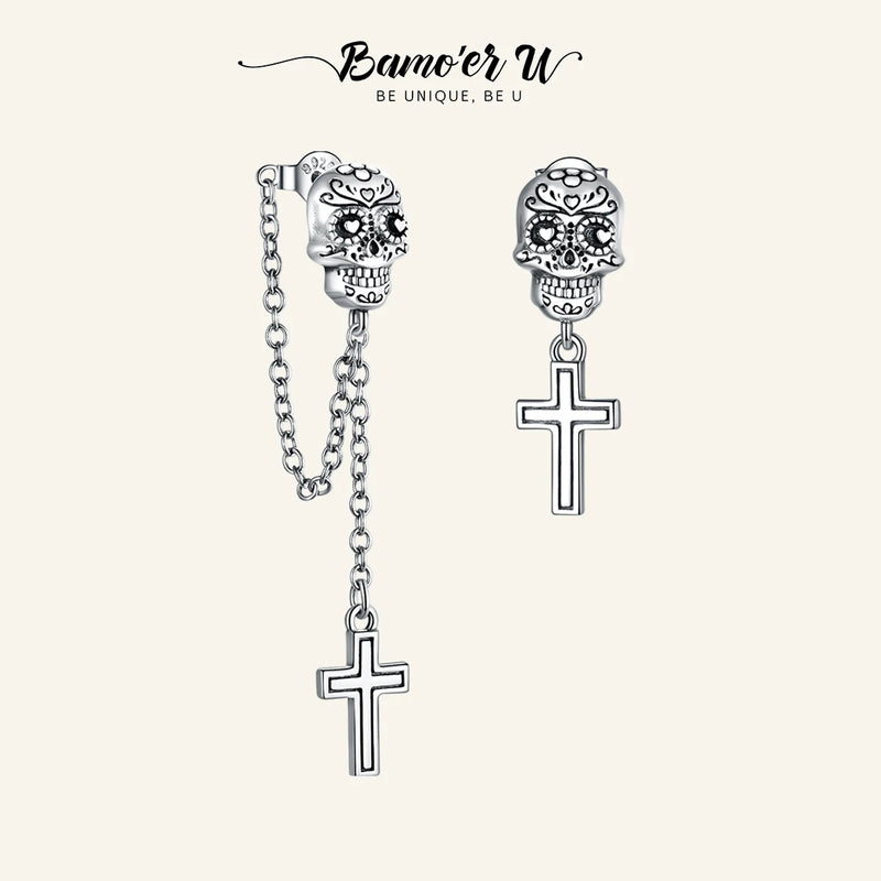 925 Sterling Silver Skull Cross Stud Earrings Women