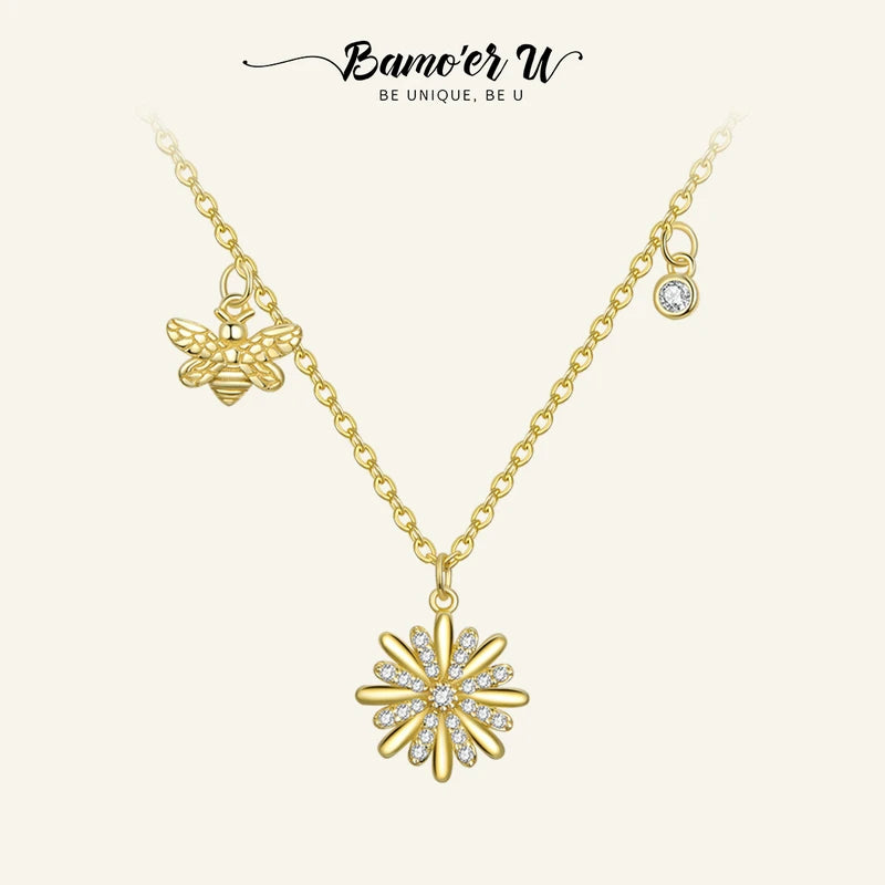 925 Silver Bee Daisy Flower Pendant Necklace Plated Women Girl Party Jewelry