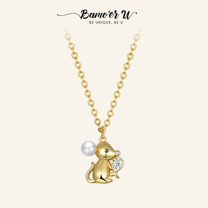 925 Silver Mouse&Fish Necklace Women Plated Pendant Bead Necklaces