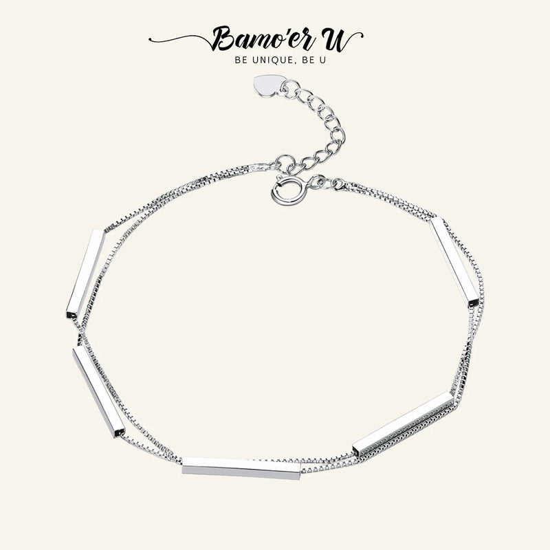 925 Sterling Silver Double Layers Chain Bracelet Geometric Lobster Lock Bracelet