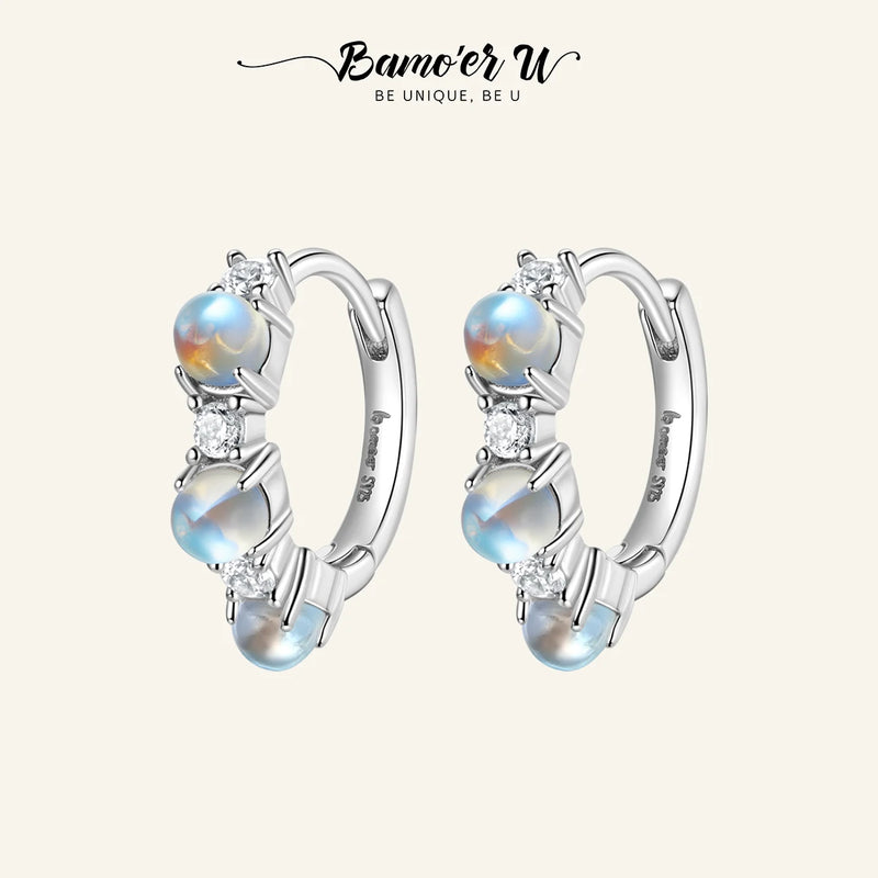 Moonstone Hoop Earrings 925 Sterling Silver Ear Buckle Women Fine Jewelry