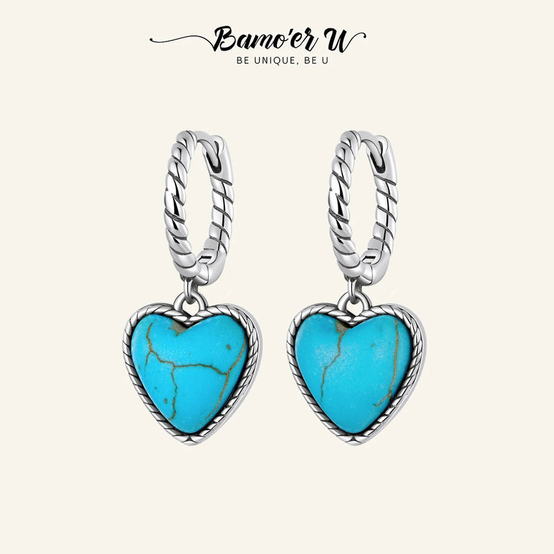 925 Silver Twist Hoop Earring Heart Turquoise Pendant Ear Buckles for Women