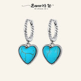 925 Silver Twist Hoop Earring Heart Turquoise Pendant Ear Buckles for Women