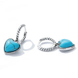 925 Silver Twist Hoop Earring Heart Turquoise Pendant Ear Buckles for Women