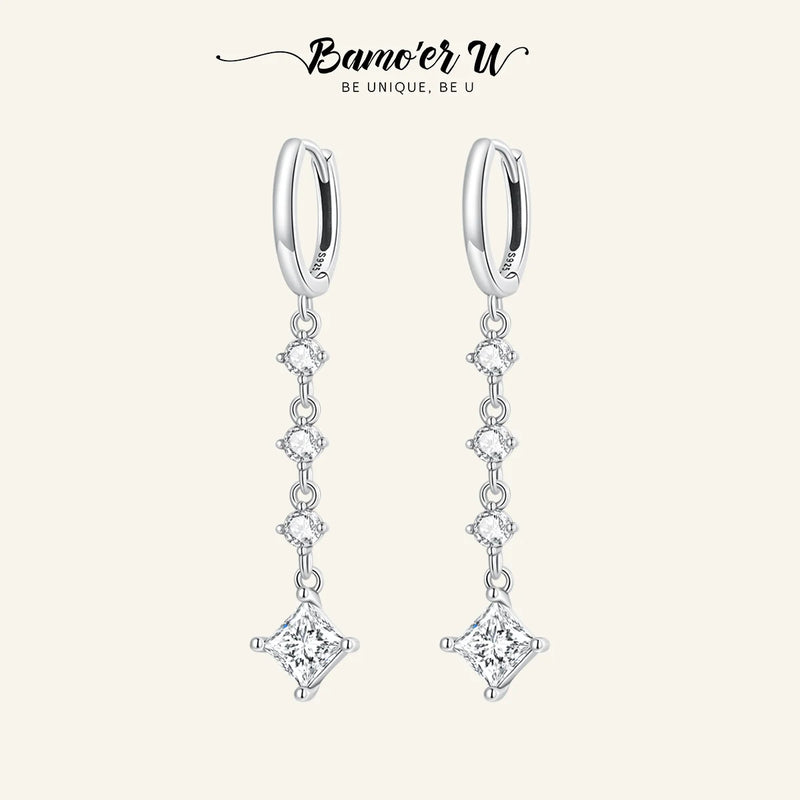 925 Silver Square Zircon Drop Earrings Linear Fine Jewelry