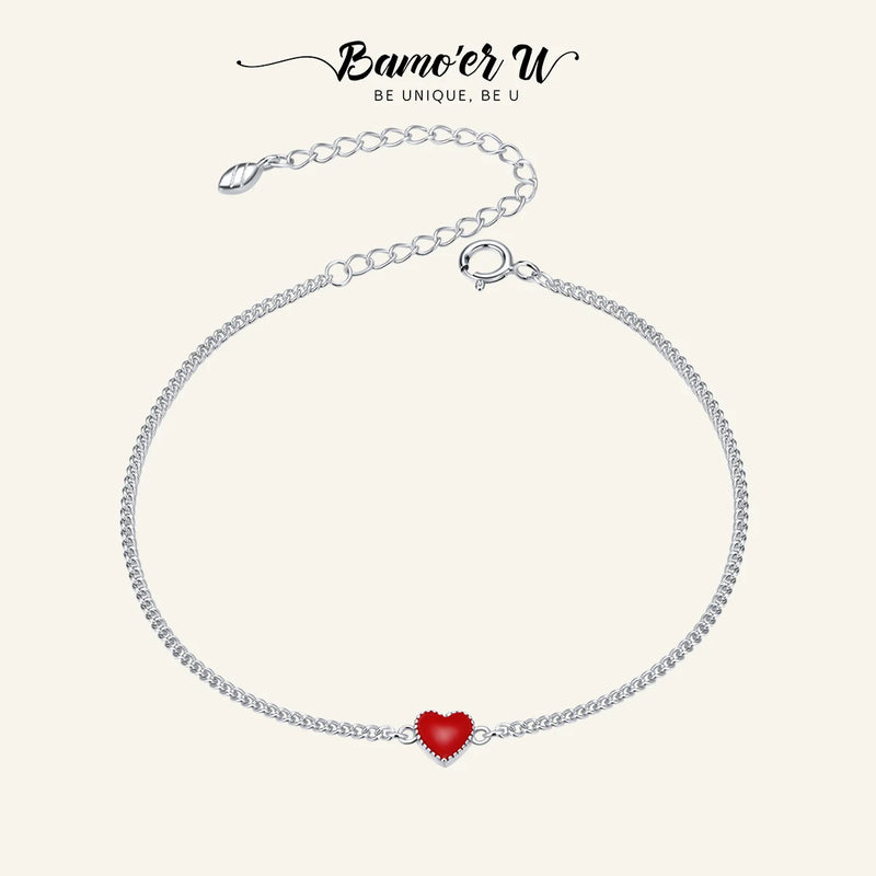 925 Silver Red Heart Chain Bracelet Enamel Jewelry SCB182