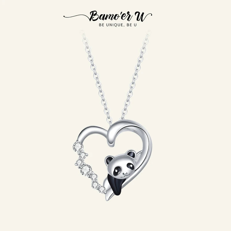 925 Sterling Silver Baby Panda Necklace Zircon Enamel Animal Charm Chain 17.71''