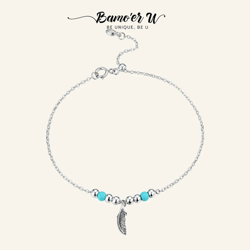 Boho Style Feather Silver Chain Bracelet 925 Sterling Silver Jewelry