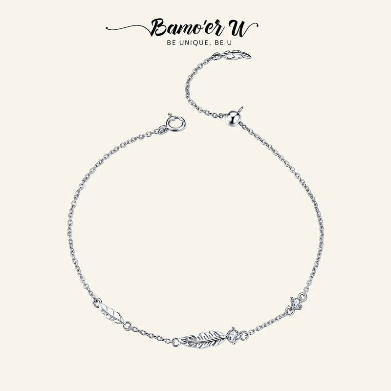 Boho Feather Chain Bracelet 925 Silver Zironia Jewelry SCB133