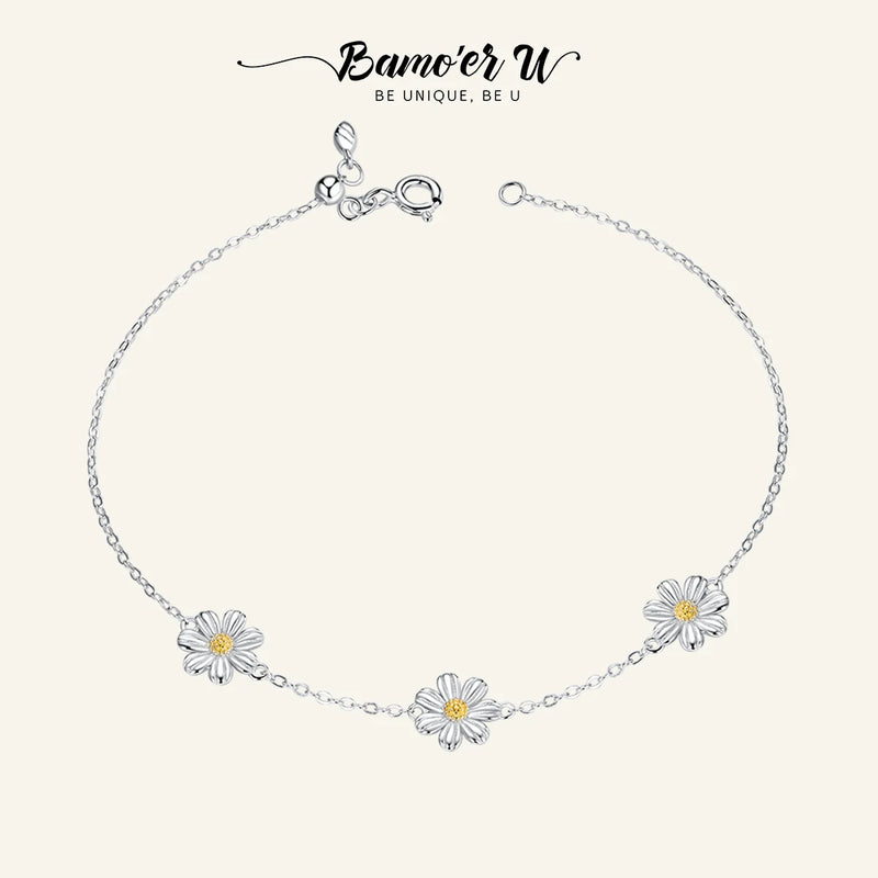 925 Sterling Silver Daisy Flower Link Bracelet for Women