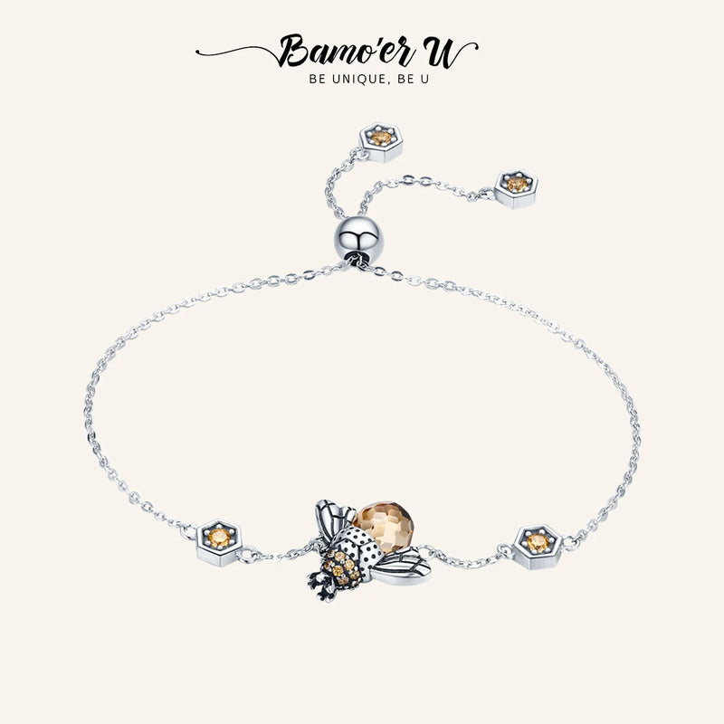 925 Silver Dancing Honey Bee Chain Link Bracelet Crystal Stone Jewelry