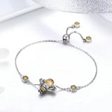 925 Silver Dancing Honey Bee Chain Link Bracelet Crystal Stone Jewelry