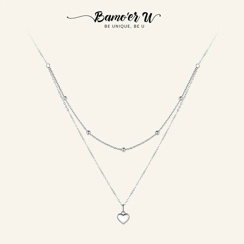 925 Silver Heart Pendant Necklace Double Layers BSN168